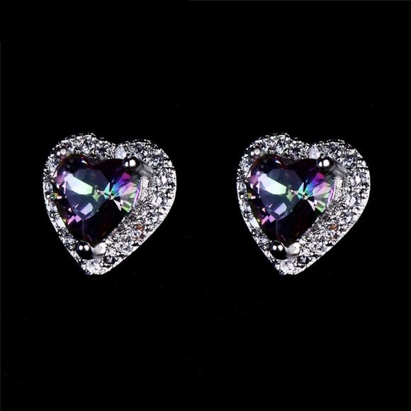 NEW Iridescent Diamond Halo Heart Stud Silver Earr - Picture 3 of 4